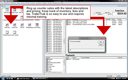 Ring up counter sales with the latest descriptions and pricing. Keep track of inventory, fees and tax. TrailerTrak is so easy to use and requires minimal training.